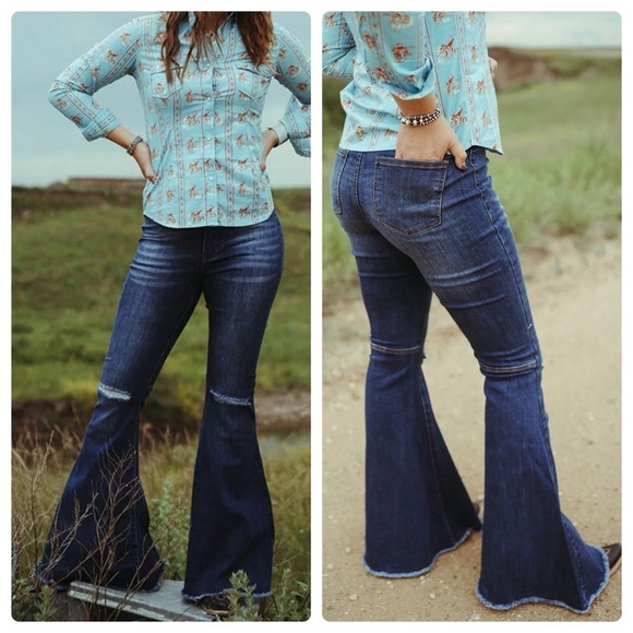Home Folk Denim - Home Folk Distressed Women's Dark Wash Blue Flare Jeans